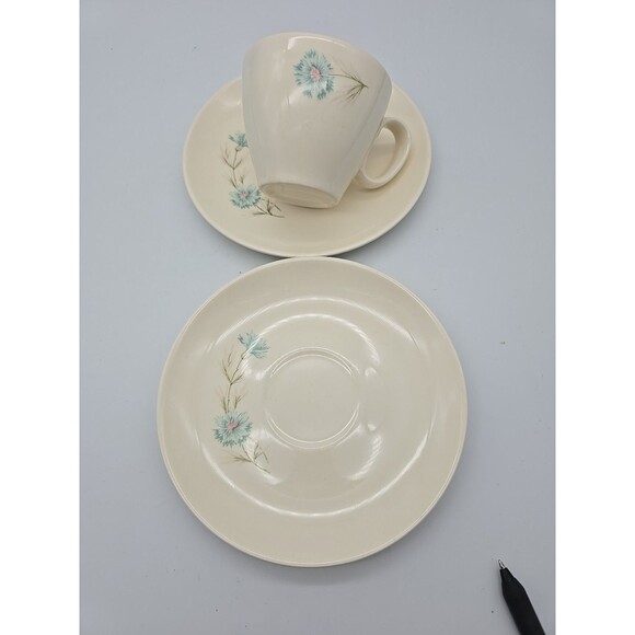 Taylor Smith  BOUTONNIERE Aqua Blue Floral  Coffee Cup & 2 Saucers NICE - Picture 7 of 8